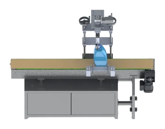 CAD render of the DDI screw capper above a conveyor with a bottle